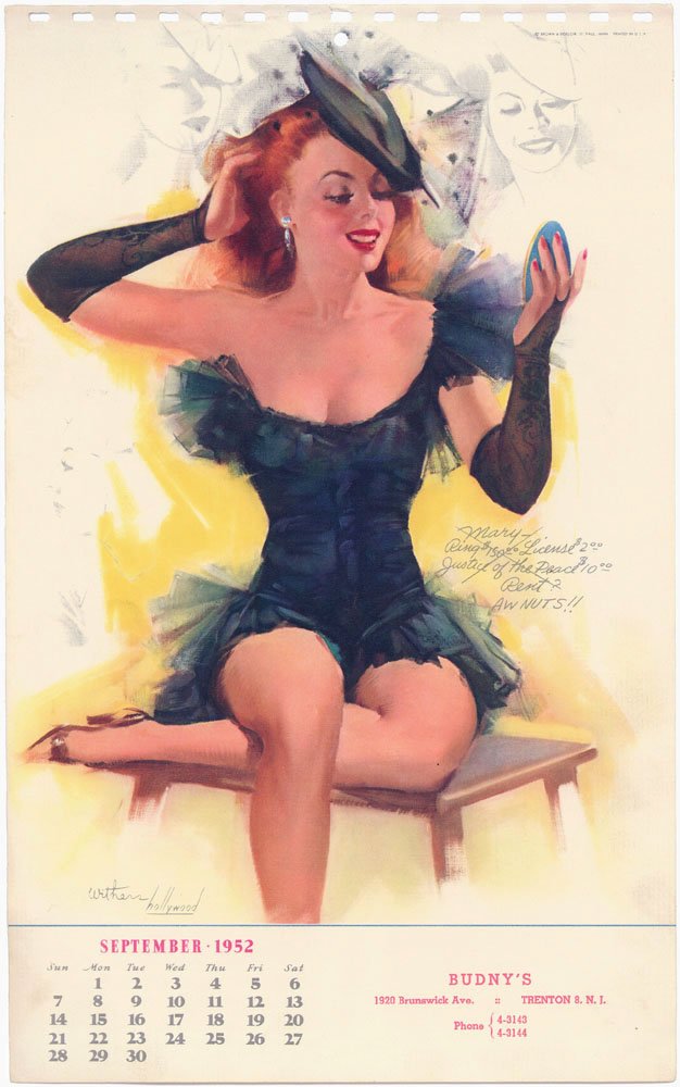 1952 Pinup WITHERS HOLLYWOOD - Risque Redhead Mary: This is an old vintage 1952 pin-up print by Ted Withers (signed Withers Hollywood).Super hot September 1952 calendar page. Brown & Bigelow, St. Paul, Minn. Printed in U.S.A.Calendar printed for BUDNY'