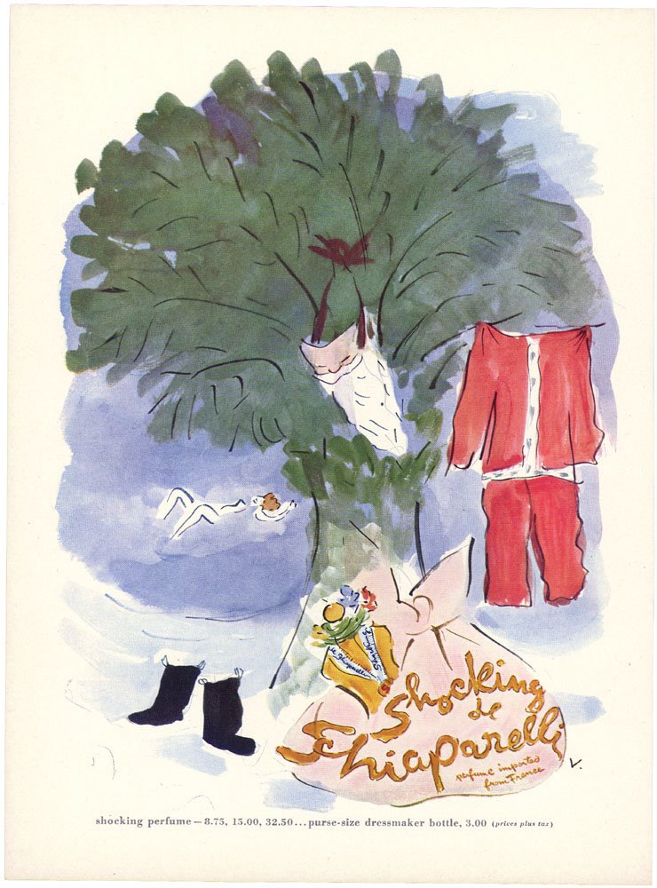 1950 Shocking de SCHIAPARELLI Perfume Ad Santa Swimming: This is a vintage December, 1950 Shocking de Schiaparelli Christmas-themed ad from Vanity Fair."Santa" is swimming - suit and mask hang in tree. Artist is Marcel Vertes. Another advertisement on the r