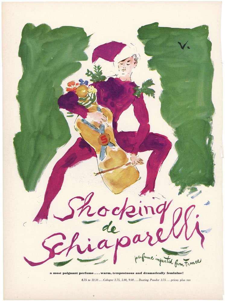 1951 Shocking SCHIAPARELLI Perfume Ad Christmas Elf: This is a vintage 1951 Shocking de Schiaparelli Christmas-themed ad.Christmas elf uses bottle as cello. Artist is Marcel Vertes. Another ad on the reverse.SIZE: Approx. 9 1/2" x 12 1/2".--------------