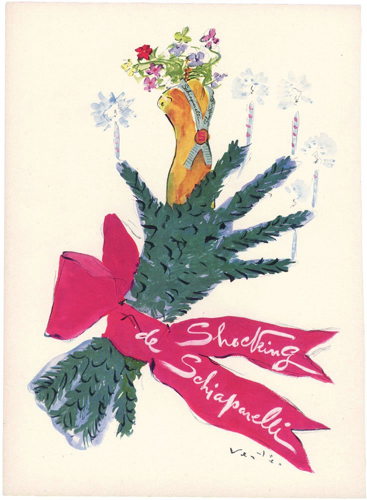 1943 Shocking SCHIAPARELLI Perfume Ad Xmas Evergreen: This is a vintage 1943 Shocking de Schiaparelli Christmas-themed ad.An evergreen hand holds a light or candle on each "finger".Artist is Marcel Vertes. Elizabeth Arden Bouche illustration advertisemen