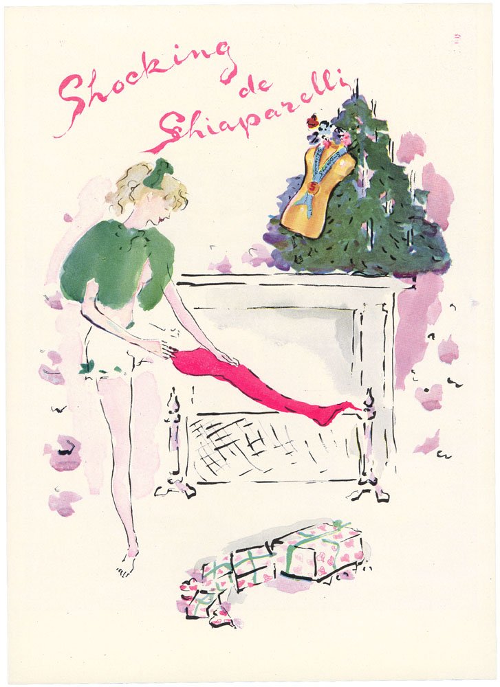 1946 Shocking SCHIAPARELLI Perfume Ad Girl & Stockings: This is a harder-to-find vintage 1946 Shocking de Schiaparelli Christmas-themed ad.Girl putting on red stockings/nylons in front of a fireplace. Artist is Marcel Vertes. Another ad on the reverse.SIZE