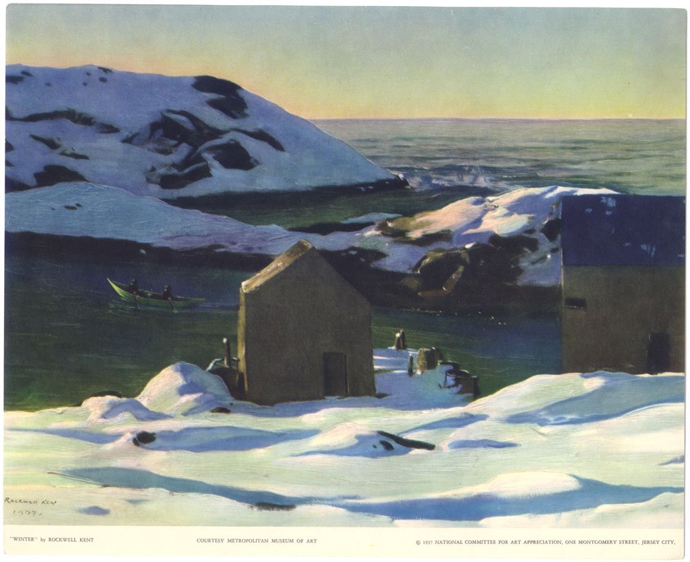 Vintage 1937 Fine Art Print WINTER by Rockwell Kent: This a vintage 1937 fine art print of Rockwell Kent's beautiful 1909 painting Winter. Produced by 'The National Committee for Art Appreciation' whose offset lithos were cutting-edge technology combini