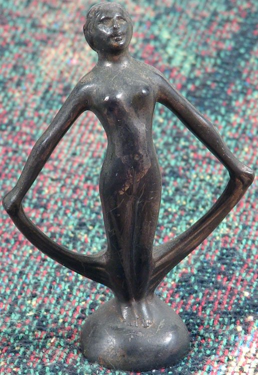 Old 1930s Deco Nude Girl Dunhill Silent Flame Lighter: This is a vintage 1930s nude burlesque dancer figural from the Dunhill Silent Flame touch-tip lighter.High quality - very detailed. There are two holes in the bottom where it would have been attached