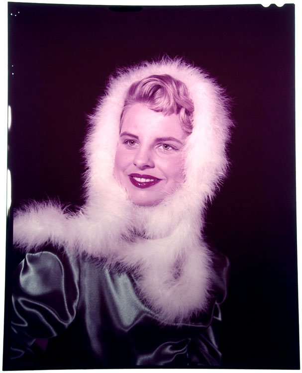Vintage Color Transparency - Blonde with Fur Collar: This is a vintage 1950s or 1960s 4" x 5" color transparency of a blonde wearing a jacket with a fur collar. SIZE: 4" x 5". ------------------------------------------------ We provide in-house shipping
