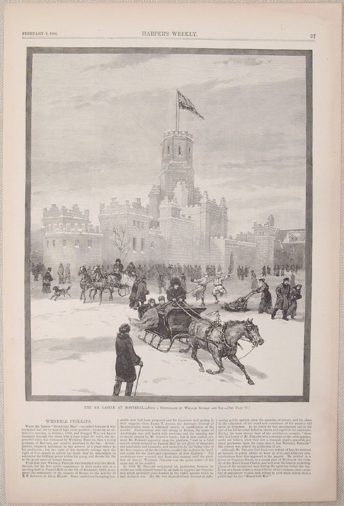 1884 Harpers Weekly Engraving ICE CASTLE AT MONTREAL: This is a VINTAGE Feb 9, 1884 engraving from Harper's Weekly magazine. Large engraving titled "The Ice Castle At Montreal" (Dominion Square). From a photograph by William Notman and Son. Skating, slei