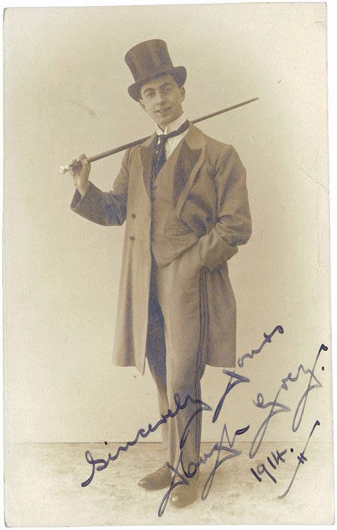 1914 RPPC Photo Signed Vaudeville Cane/Top Hat/Tails: This is a vintage 1914 real photo postcard.It is hand-signed in ink Sincerely Yours Hugh Greg 1914.The postcard has a divided back and has not been used. No writing.SIZE: Approx 3 1/2\" x 5\". -