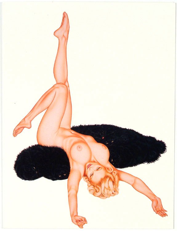 1991 OLIVIA Greeting Card PAM ANDERSON: PURRS, NOT FURS: This is a 1991 greeting card with artwork by Olivia De Berardinis. Depicts Pamela Anderson with a bunch of black cats forming a fur "rug". Titled Purrs, Not Furs. O Card Corp. Printed in U.S.A. SIZE: 