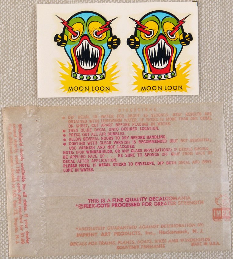 Rare IMPKO Decal MOON LOON Weird Retro Space Monster: This is a vintage cartoon water slide decal by IMPKO. Great for graphics, tattoos, or to inspire your own illustrations or flash art. Impko often imitated the first water slide decals ever produced in