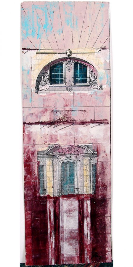 Original KAMY Mixed-Media Abstract Columns & Facades I: This is an original abstract painting by Kamy Deljou. Hand-signed. AR Series. This interesting mixed-media piece is a combination of paint and prints/decals. SIZE: 12" x 36". Kamy has many well-known 