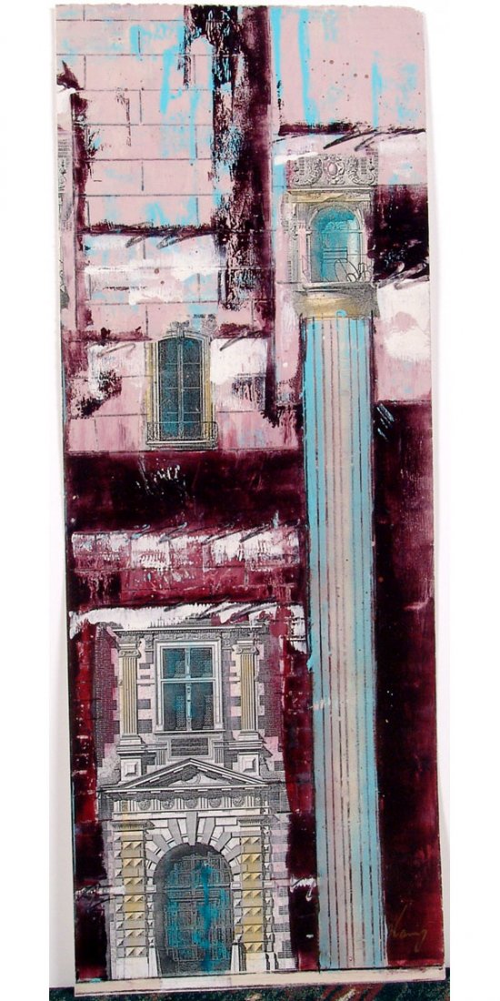 Original KAMY Mixed-Media Abstract Columns & Facades II: This is an original abstract painting by Kamy Deljou. Hand-signed. AR Series. This interesting mixed-media piece is a combination of paint and prints/decals. SIZE: 13 1/2" x 36". Kamy has many well-kn