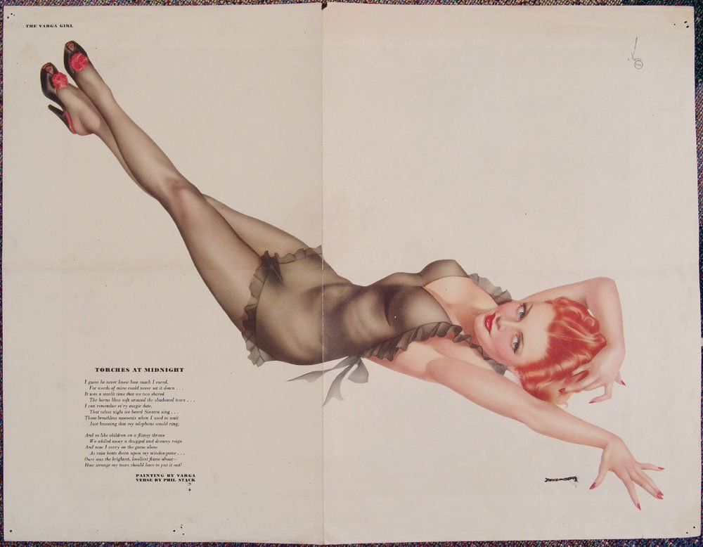Lot of 14 Vintage 1940s WWII VARGA GIRL Pin-Ups: This is a group of vintage 1940s Alberto Vargas pin-ups; they consist of six two-sided calendar pages, one one-sided calendar page, and a centerfold with a great WWII Navy print on the back. SIZE: App