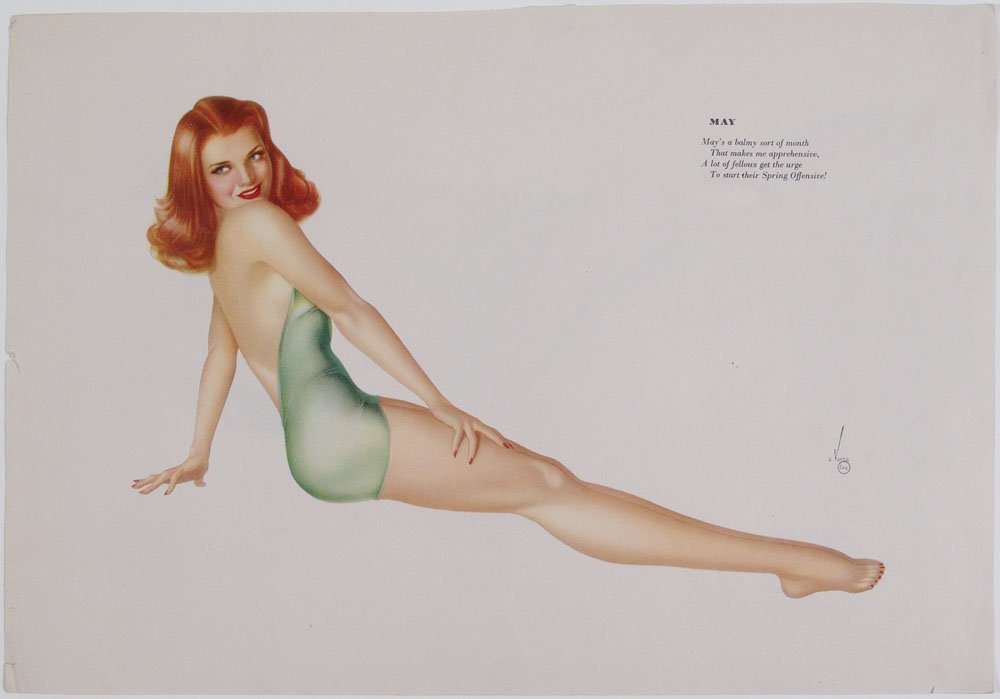 Vintage 1940s WWII VARGA GIRL Calendar Page Pin-Ups: This is a vintage 1940s Alberto Vargas pin-up calendar page. One two-sided calendar page - a girl on each side. SIZE: Approx. 14" x 9 1/2". Alberto Varga/Vargas was considered to be one of the best pi
