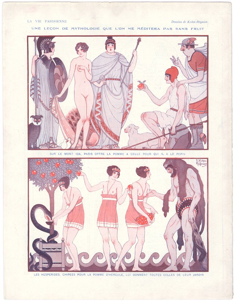 LA VIE PARISIENNE 1925 Risque Print Apples and Breasts: This a vintage 1925 Art Deco French print from the erotic French magazine La Vie Parisienne. Titled Un Lecon de Mythologie que L'on ne Meditera Pas Sans Fruit. This is a quality internal color illustr