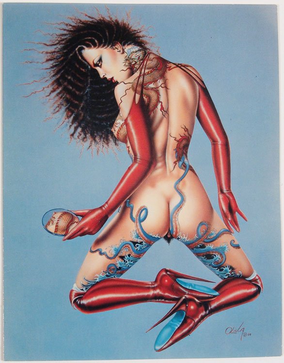 1980 OLIVIA Card WILD TATTOOED NUDE BRUNETTE: This is a vintage 1980 greeting card with artwork by Olivia De Berardinis. **MORE nude/risque cards (from Olivia and other erotica artists) in this auction. From the estate of a big collector of pin-u