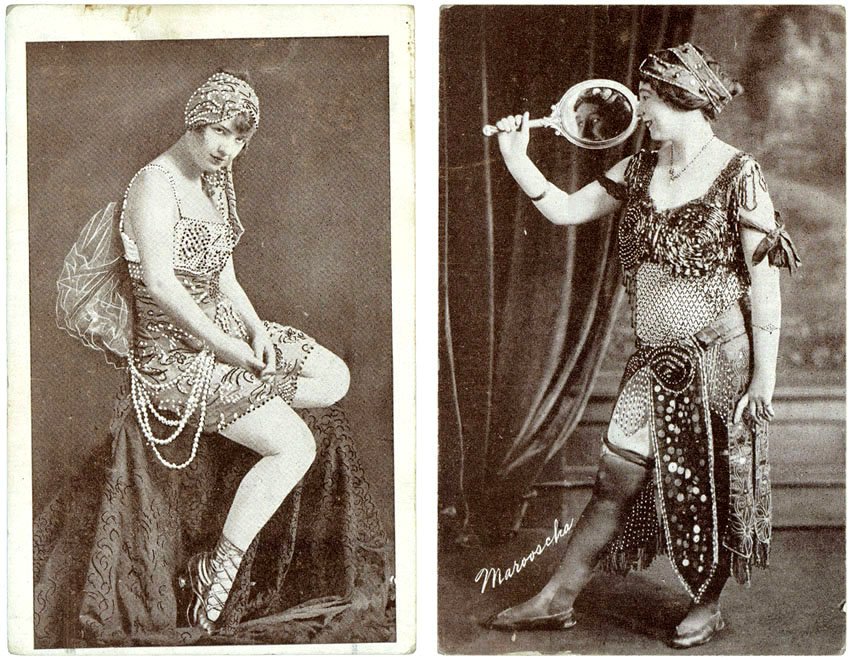 Old Vintage 1910s Risque Photo Postcards: This is a pair of antique risque photo postcards, probably from the 1910s. One has the name "Marooska" on the front. Images similar to those on arcade cards of the day. SIZE: Approx. 3 1/2" x 5 1/2". 