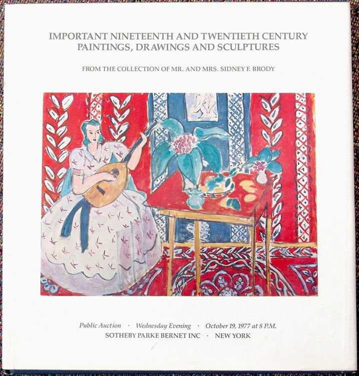 1977 Auction Catalog 19th/20th Century Art Brody: This is a vintage October 19, 1977 auction catalog. Sotheby Parke Bernet Inc., New York. Sale #4030A. From the collection of Mr. and Mrs. Sidney F. Brody. Hardcover. Price list included. Auction inclu