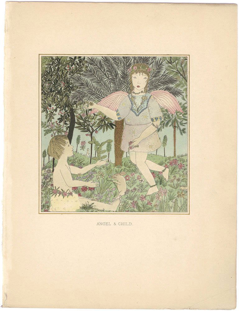 1919 PAMELA BIANCO 'Flora' Fantasy Print ANGEL & CHILD: This is a vintage children's fantasy print from the 1919 1st edition book "Flora" which grew out of an exhibition of the drawings of 12-year-old Pamela Bianco. The exhibition was held in the Leicester