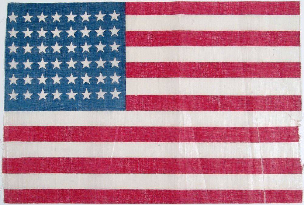 Old 48 Star American Parade Flag - Linen: This is a fantastic vintage 48-star American parade flag. Loose weave linen. SIZE: 17" x 11 1/2". ****** We provide in-house shipping. Low shipping costs! Combine items to save even more! Click on the