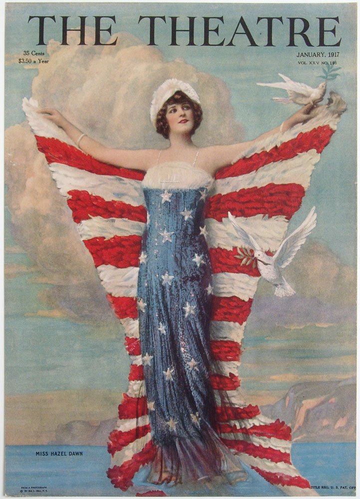 1917 Cover THE THEATRE Stunning Patriotic Flag Imagery: This is an antique WWI-era cover from the January, 1917 "The Theatre" magazine featuring Miss Hazel Dawn. Printed in the bottom corner: "From a Photograph by Ira I. Hill N.Y." A great image of the Ame