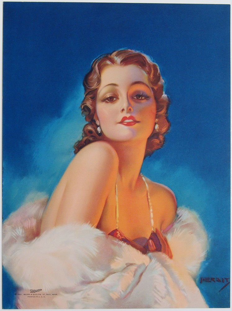 Scarce 1932 Pin-Up ERBIT Glamorous Deco Starlet in Fur: This is a very scarce old vintage 1932 salesman's sample Tintogravure pin-up print by Jules Erbit titled "Sincerely Yours." Pure Deco goddess image. Brown & Bigelow, St. Paul, Minn. Printed in U.S.A.
