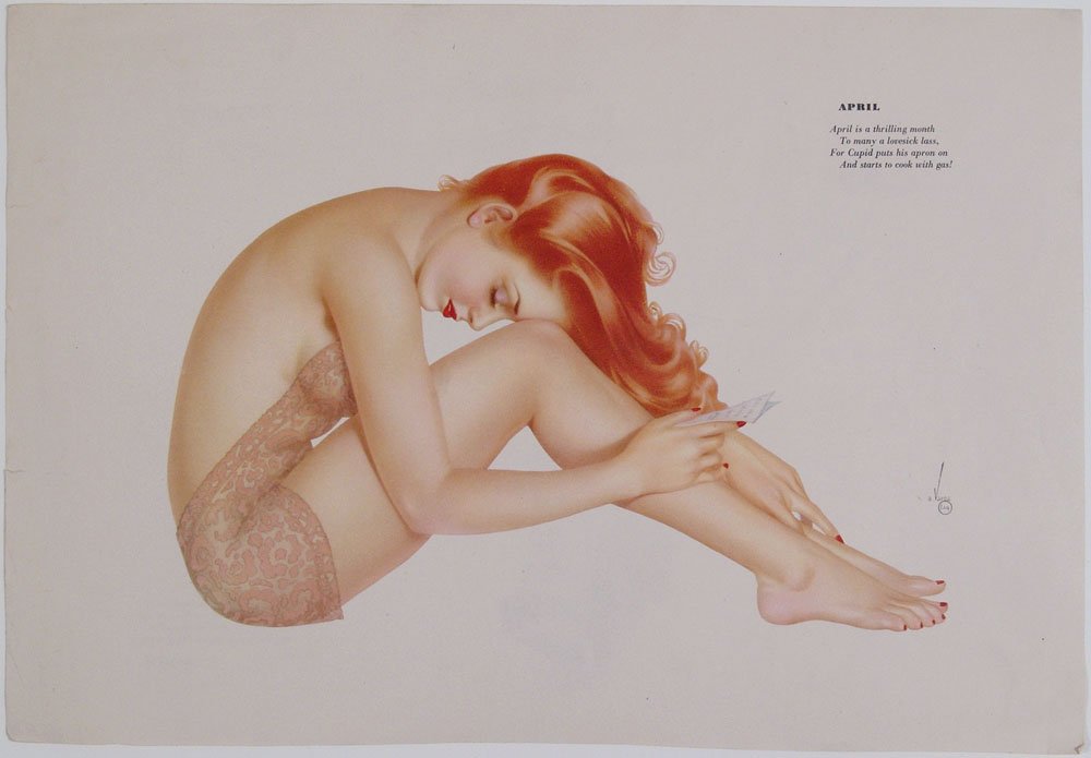 Lot of 1940s WWII VARGA GIRL Calendar Page Pin-Ups: This is a lot of vintage 1940s Alberto Vargas two-sided calendar page pin-ups. Four pages/eight pin-ups. Each is one page with two pin-up girls - one on each side of the page. Great colors. SIZE: Appr