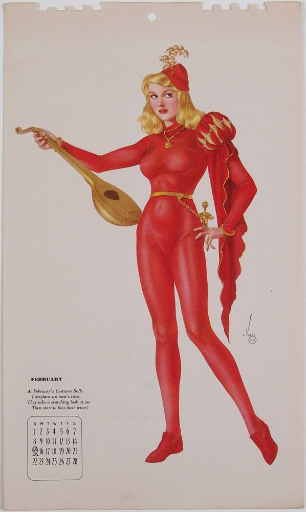 Vintage 1942 WWII VARGA GIRL Calendar Page Pin-Up: This is a vintage February, 1942 Alberto Vargas pin-up calendar page. A blonde wearing a Venice Carnivale or court costume and holding a mandolin. Colors still bright. SIZE: Approx. 8 1/4" x 14". Albe