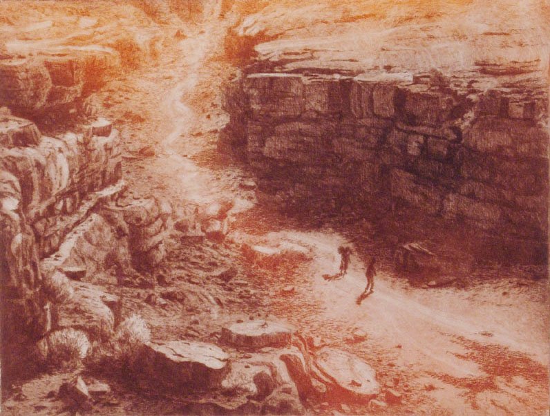 Vintage Purcell S/N Hand Colored Etching THE JOURNEY: This is a vintage hand-colored etching titled The Journey. An Old West or Southwest desert canyon scene. On thick, heavy watercolor paper. Signed Purcell. Number 25 of 50. SIZE: Overall: 17" x 15". Im