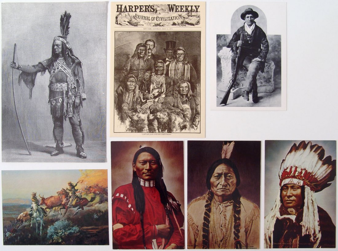 Lot of 7 Vintage Wild West Greeting & Post Cards: This is a lot of 7 vintage 1960s & 1970s postcards and greeting cards featuring Indians, cowboys, and Calamity Jane (card in top right corner of photo). The three portraits at the bottom are of Red-Ar