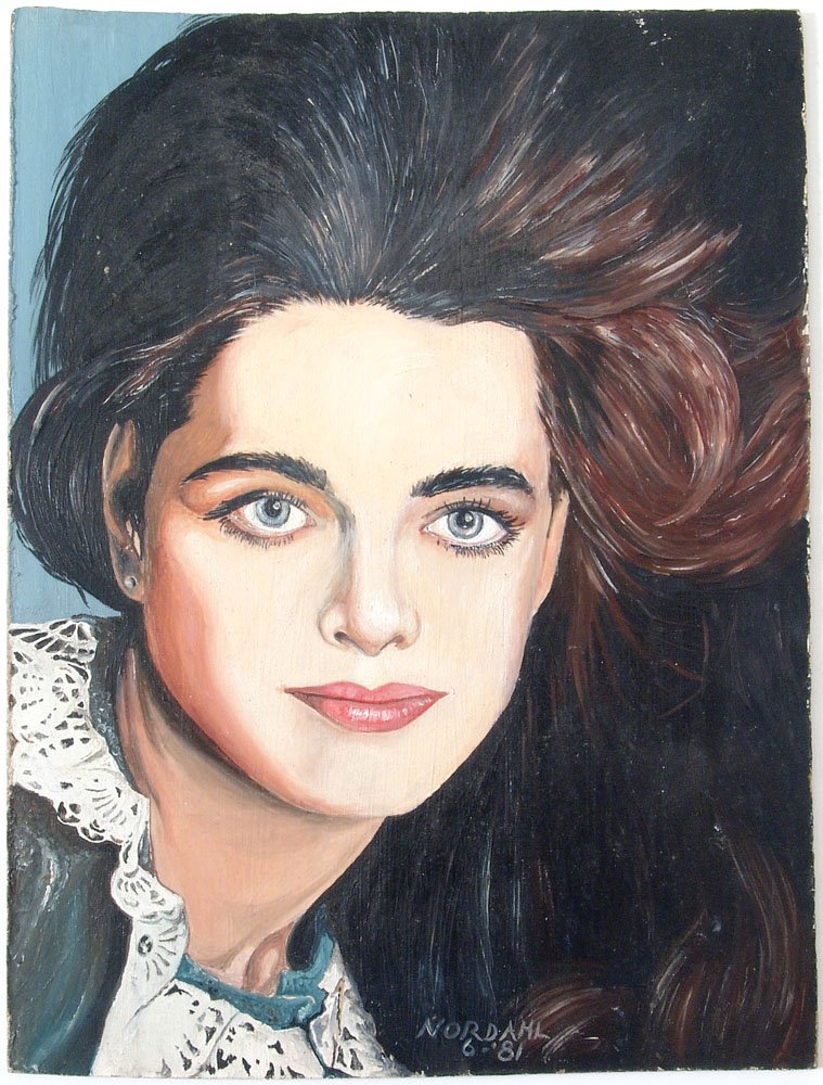 Original 1980s Painting of Brooke Shields - Signed: This is an original painting of Brooke Shields, painted in 1981. Signed Nordahl. Painted on Masonite. Very pretty glamorous 80s style with textured hair. SIZE: Approx. 9" x 12". ****** We provide in-h