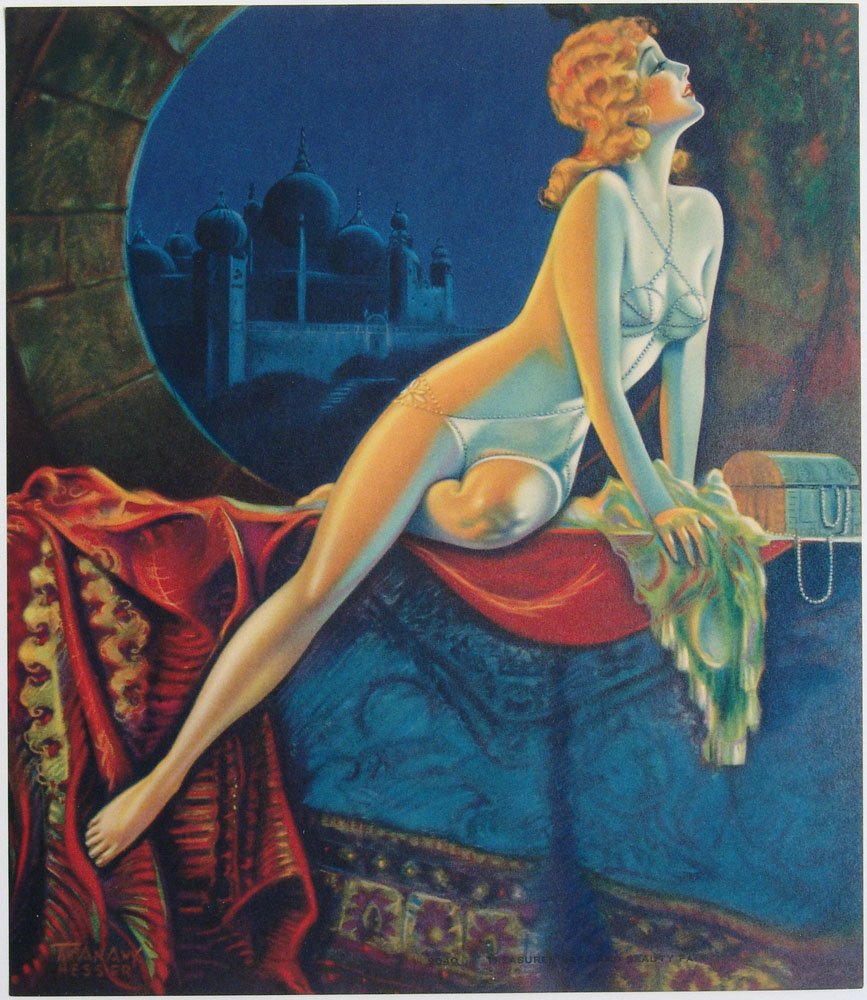 RARE 1920s Risque Pin-Up T. ANAW HESSER Persian Night: This a rare vintage 1920s T. Anaw Hesser salesman's sample (9040) pin-up print titled "Treasures Rare and Beauty Fair." An Art Deco-style Persian/Arabian Nights fantasy scene - from what we've found, 