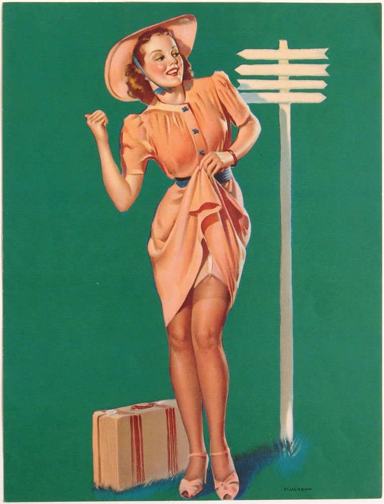 Vintage 1940 Pin-Up ELVGREN Hitchhiking with Stockings: This is a vintage 1940 salesman's sample pin-up print by Gil Elvgren titled "Knee-ding a Lift." Printed on the back are the numbers of the envelope, series, and mount that would have been used by the