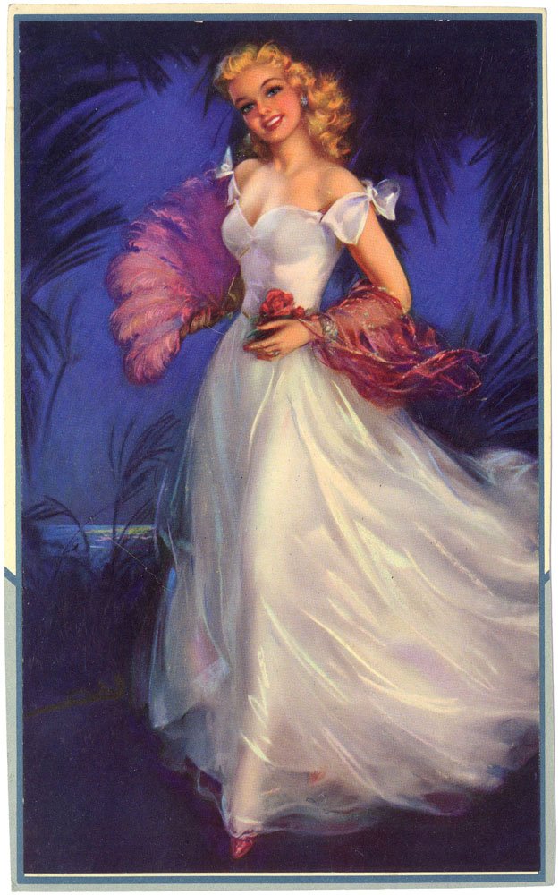 1950s Embossed Pinup ERBIT Young Girl with Feather Fan: This is an old vintage 1950s pin-up print by Jules Erbit. Embossed. Calendar page cut down to just around the print. SIZE: 6" x 10". ****** We have many more pin-ups listed in this auction - you'll fi