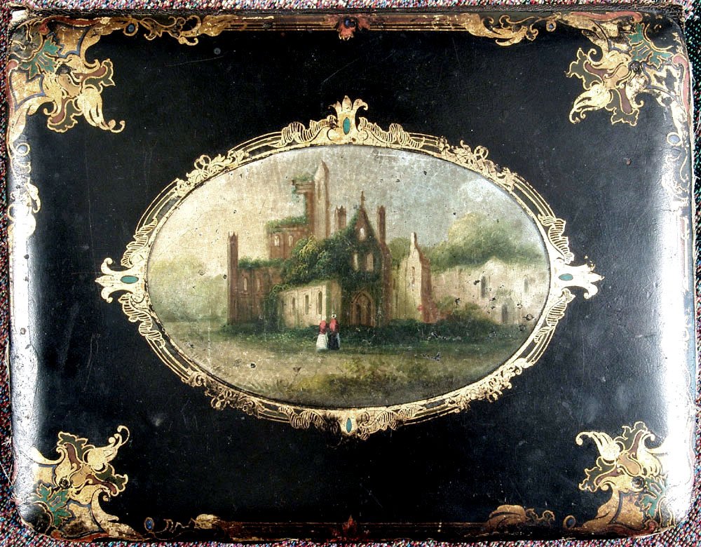 c1850 Victorian English Papier Mache Desk Blotter: This is an antique folio for a Victorian desktop 'blotter'. Papier mache and hand-painted. A unique find. The top board is the gem and could be framed up beautifully. In the center is a hand painted s