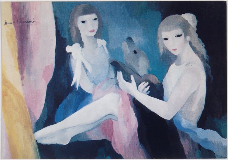 1991 French Postcard MARIE LAURENCIN Femmes au Chien: This is a vintage 1991 postcard featuring artwork by Marie Laurencin titled "Femmes au Chien". Graphique de France; printed in France. SIZE: Approx. 6" x 4". Marie Laurencin (October 31, 1883 ÃƒÂ¢