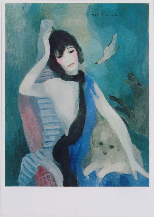 French Postcard MARIE LAURENCIN Portrait de Mlle Chanel: This is a vintage (probably 1980s) postcard featuring artwork by Marie Laurencin titled "Portrait de Mlle Chanel". Musee de Louvre, Paris. Printed in France. SIZE: Approx. 4 1/4" x 6". Marie Laurencin