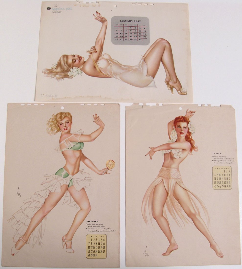 Lot of 1940s WWII VARGA GIRL Calendar Page Pin-Ups: This is a lot of vintage 1940s Alberto Vargas two-sided calendar page pin-ups. Six pages/nine pin-ups. Three pages have pin-ups on just one side (those in the first photo), and three pages each have t