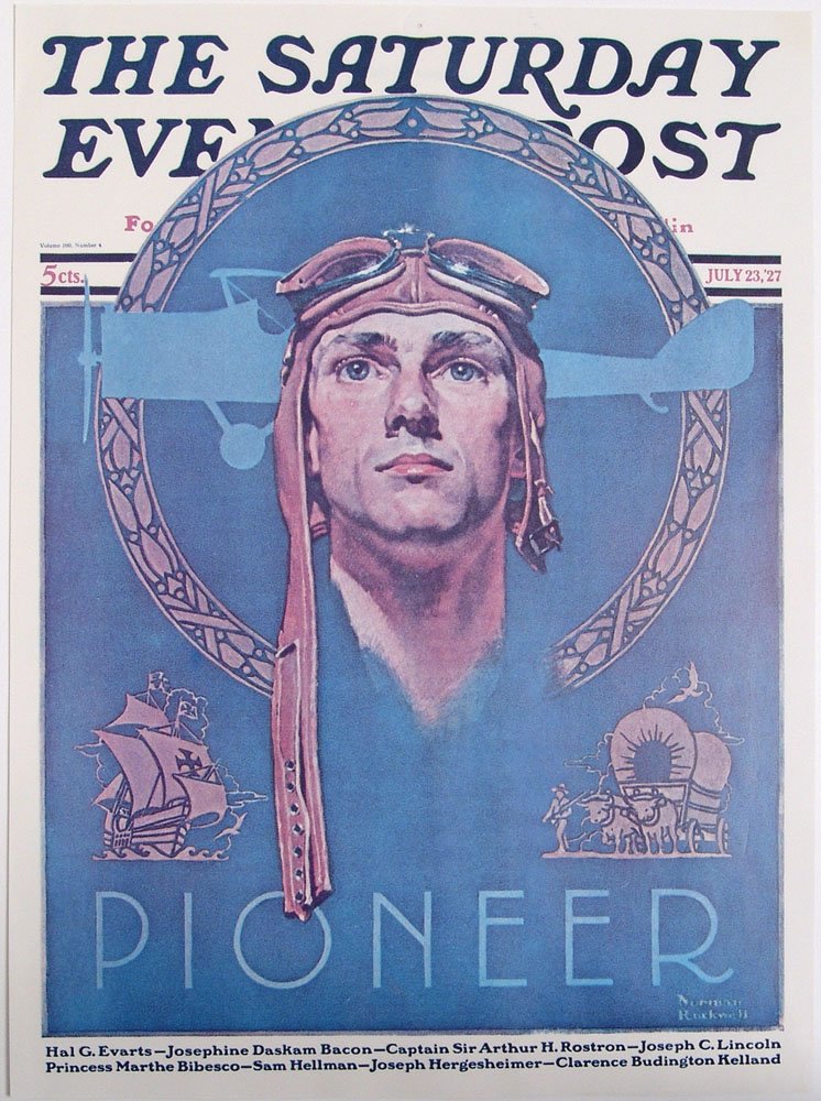 1927 SATURDAY EVENING POST Cover by Norman Rockwell: This is a vintage cover from the July 23, 1927 The Saturday Evening Post magazine featuring artwork by Norman Rockwell titled "Pioneer." Note that this is the COVER ONLY. SIZE: Approx. 10" x 14". ****