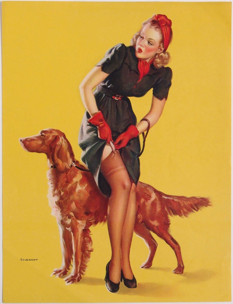 Vintage 1940 Pin-Up ELVGREN Dress Snagged on Garter: This is a vintage 1940 salesman's sample pin-up print by Gil Elvgren titled "A Hitch in Time." Printed on the back are the numbers of the envelope, series, and mount that would have been used by the s