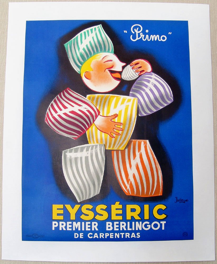 Original Lithograph Print from France EYSSERIC Primo: This is a fine art lithograph of a vintage French candy advertisement. This delightful piece is by acclaimed poster artist Jacques Bellenger, using stone lithography; he created it in two colors, red 