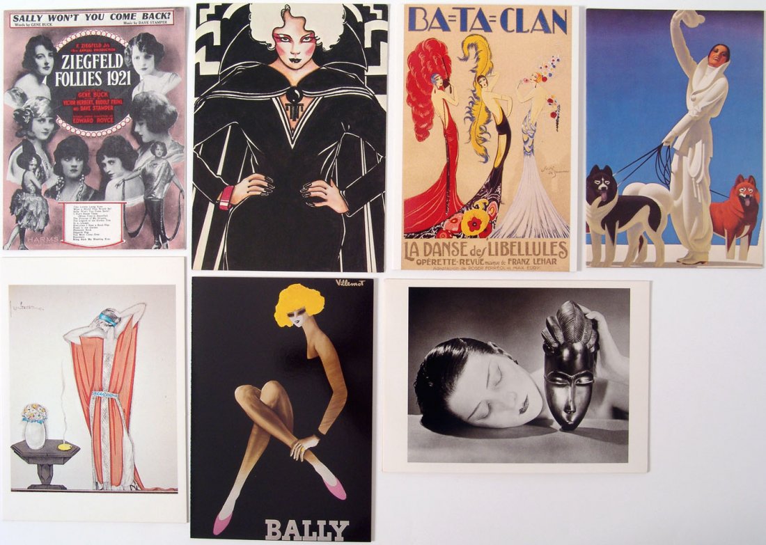 Lot of 7 Vintage Neauveau & Deco Girl Greeting Cards: This is a lot of 7 vintage 1970s - 1990s greeting cards. Ziegfeld Follies, Bally, Georges Lepape, & Man Ray. SIZE: Approx. 5" x 7" each. **MORE nude/risque cards from 1950s to 1990s (risque, nude, art