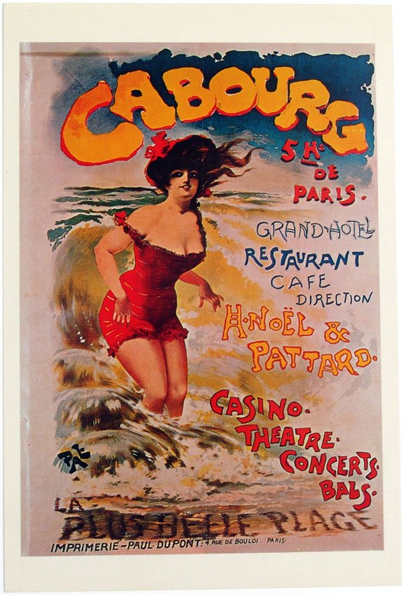 Vintage 1969 GIANT POSTCARD Girl in Circa 1900 Swimsuit: This is a vintage 1969 oversized postcard with artwork by PAL titled CABOURG. Sandy Val Graphics, Ltd. "Art Nouveau and Turn-of-the-Century Posters in miniature by Sandy Val, New York." Printed in U. 