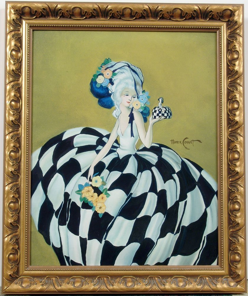 Framed Orig Oil Based on HOMER CONANT Marie Antoinette: This is a framed original oil painting on canvas. Based on the 1920s Homer Conant Deco painting of Marie Antoinette holding a powder jar that looks like her miniature. Vibrant colors. Approx. 15 years