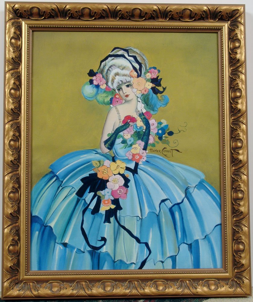 Framed Orig Oil Painting Based on CONANT Lady Pompadour: This is a framed original oil painting on canvas. Based on the 1920s Homer Conant Deco painting titled Lady Pompadour. Vibrant colors. Approx. 15 years old. Artist unknown. SIZE: Overall: 20" x 24" x 