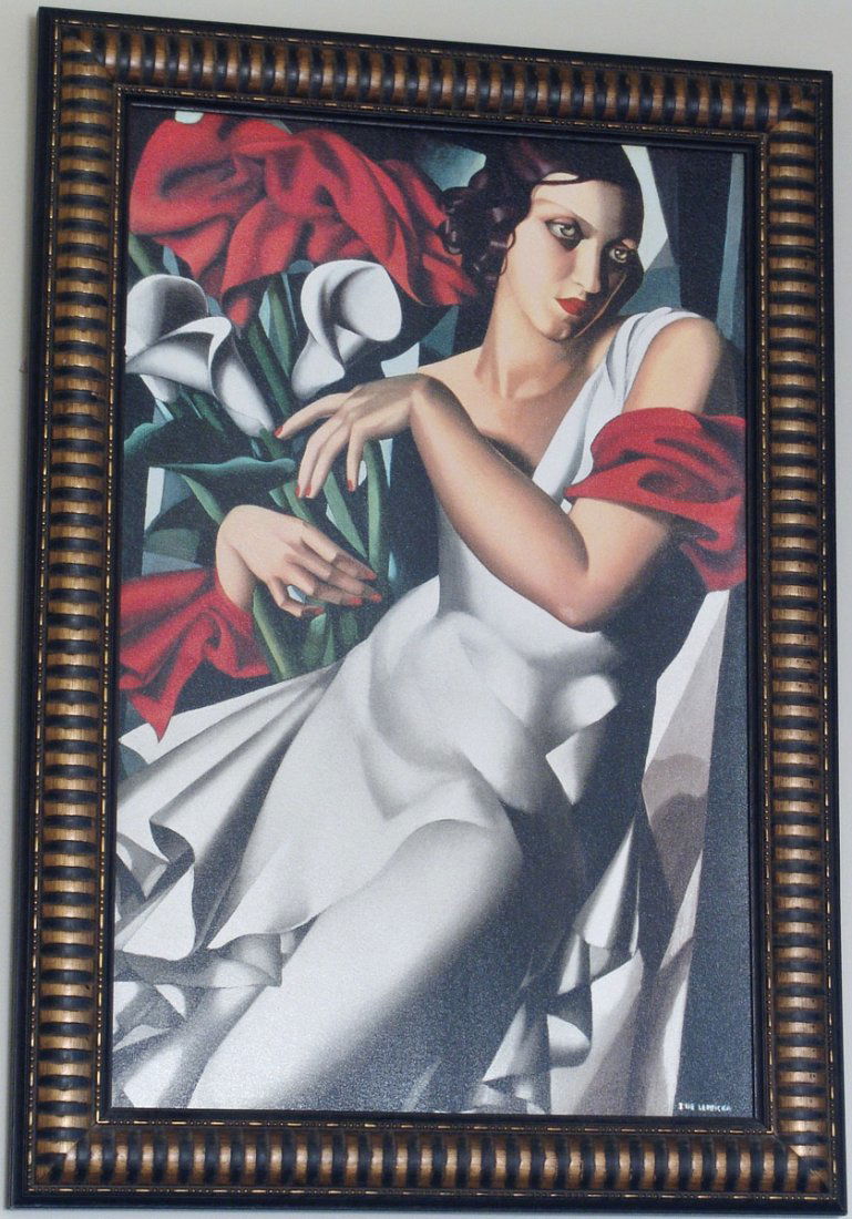 Very Large & Deco Framed Giclee by TAMARA DE LEMPICKA: This is a framed giclee on board of a 1930 oil painting by Tamara de Lempicka titled "Portrait of Ira P." Giclee is an expensive process that produces a result that looks like an oil painting. Great d