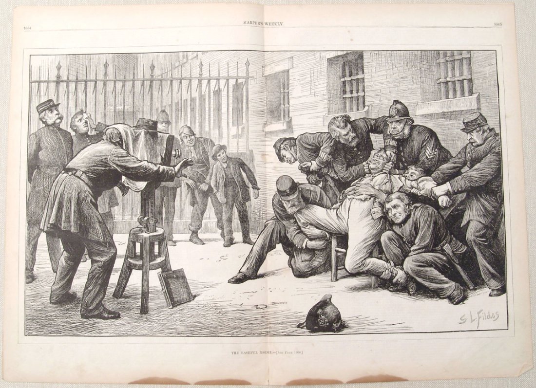 1873 Harpers Weekly Engraving BASHFUL MODEL by Fildes: This is an antique wood engraving that is a double-page centerfold. Taken from Harper's Weekly - 29 November 1873. Title - 'The Bashful Model'. Artist - S.L. Fildes (Samuel Luke). British, died in 192