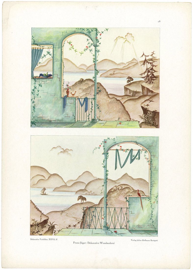 1920s Art Deco DEKORATIVE VORBILDER Print FRANZ JAGER: This is a vintage circa 1920s Art Deco color plate print from the scarce and highly-sought-after German portfolio series titled "Dekorative Vorbilder." Artist: Franz Jager. Printed on heavy paper with