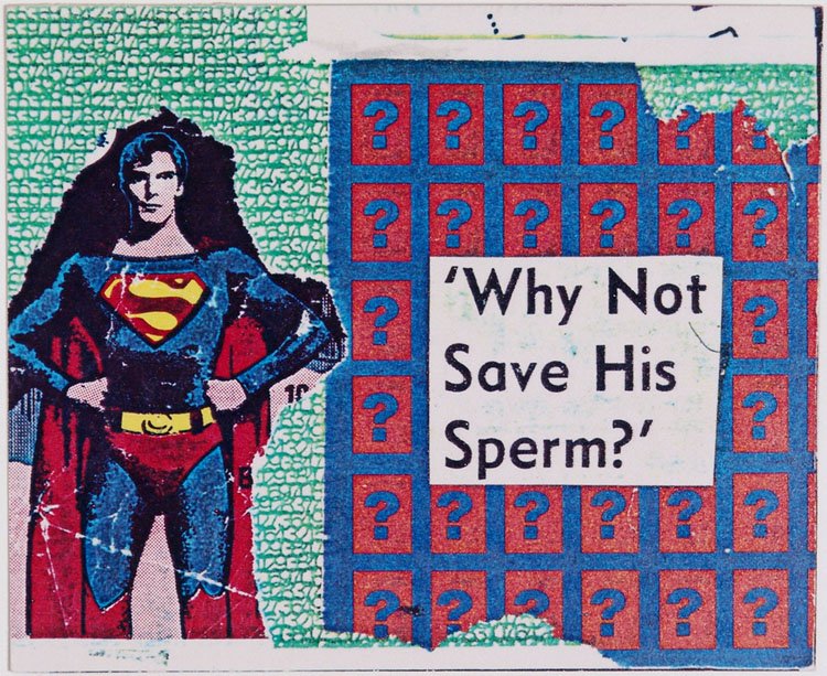 Vintage Advertising Card Featuring Superman & His Sperm: This is a vintage (probably 1980s - looks like Christopher Reeve) Superman advertising card for Fast Cheap & Easy Graphics with the text "Why Not Save His Sperm?". SIZE: Approx. 5 1/4" x 4 1/4". **MOR