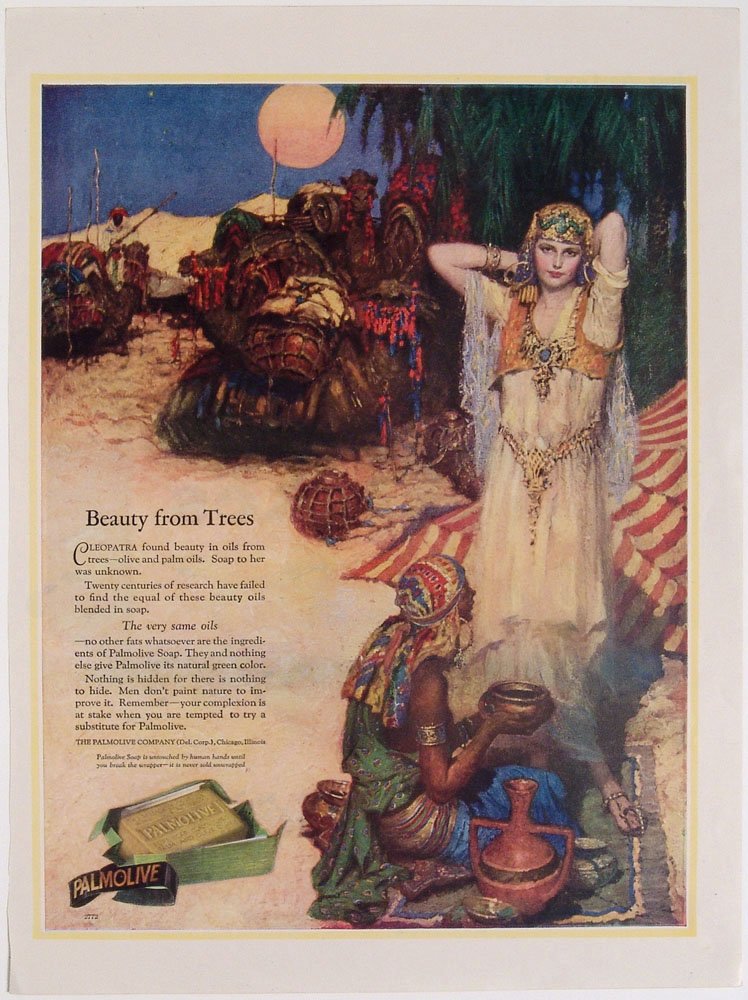 Antique 1925 Art Deco Ad PALMOLIVE Cleopatra: This is an old vintage 1925 advertisement for Palmolive soap. Romantic Egyptian/Arabian Nights feel. SIZE: Approx. 10 1/4" x 14". ****** We provide in-house shipping. Low shipping costs! Combine items