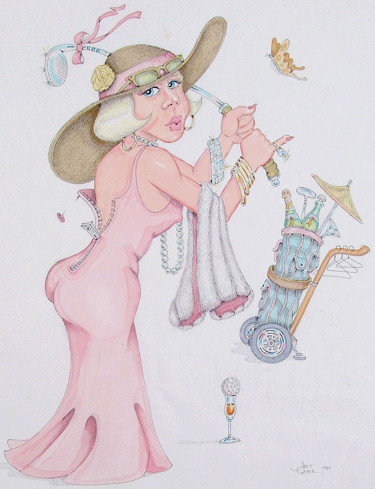 Vintage 1980 Original Art SPOILED BLONDE FEMALE GOLFER: This is a vintage 1980 large mixed-media original art piece by Art Carr. How to golf if you're rich enough to buy Dom Perignon like it's Perrier. SIZE: 14" x 17". ****** We provide in-house shipping.