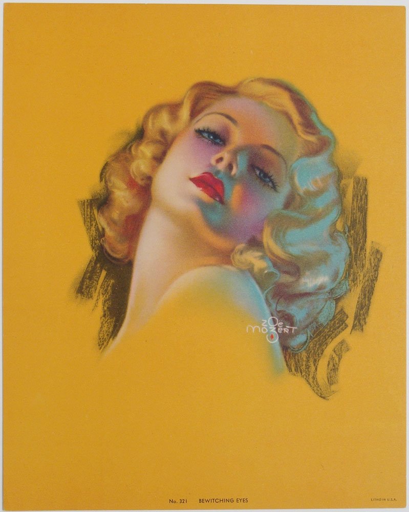 Old Deco Glamorous Girl Pin-Up MOZERT Bewitching Eyes: This is a great vintage 1930s-1940s Zoe Mozert pin-up titled "Bewitching Eyes." Calendar salesman sample - #321. Litho in U.S.A. We've heard that this was modeled after actress Jean Harlow. From the e